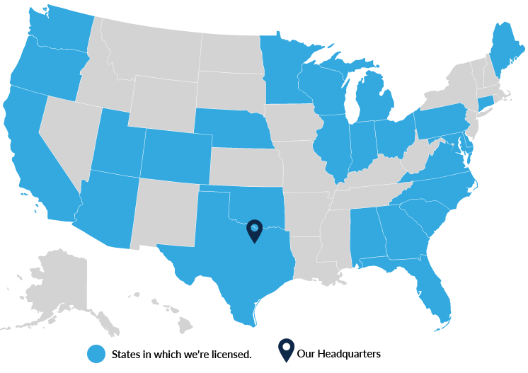 map of USA where the states Michigan, Minnesota, Ohio, Pennsylvania, Texas, Washington, Arizona, Alabama, Colorado, California, Connecticut, Delaware, Florida, Georgia, Illinois, Maine, Nebraska, Virginia, and Oklahoma are highlighted